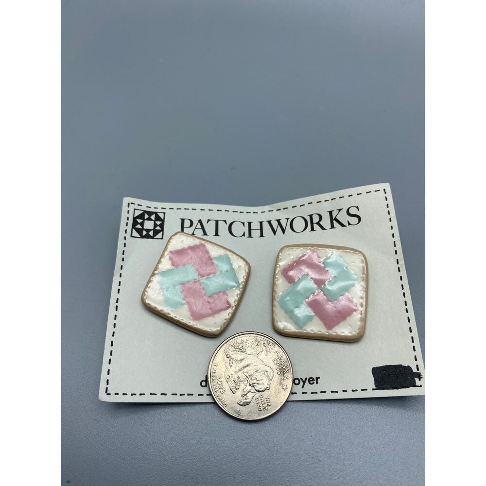 Patchworks quilting Handmade Ceramic vintage large post Earrings 80s Pink,Blue - Picture 5 of 5